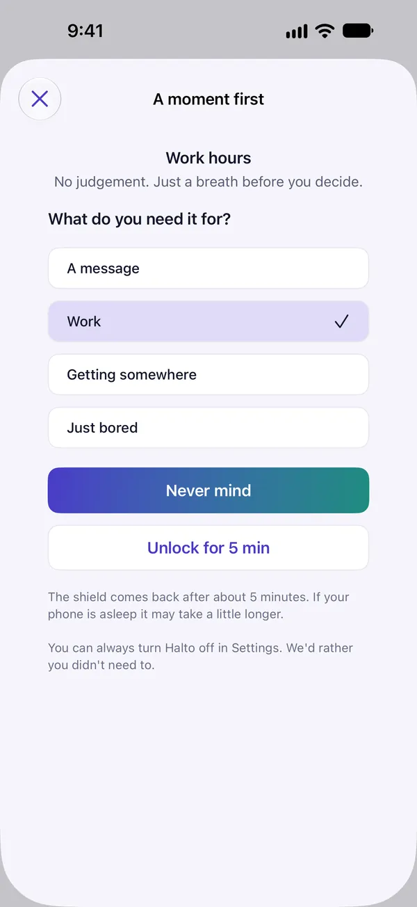 The pause screen, asking what you need the app for