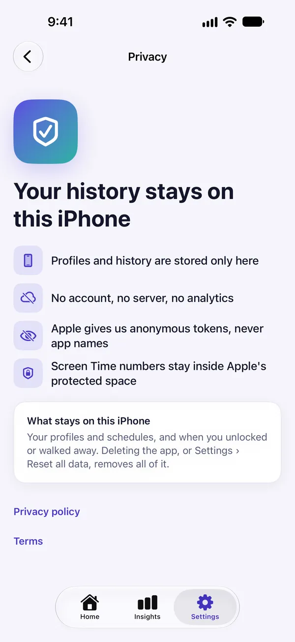 Settings screen explaining where your data lives